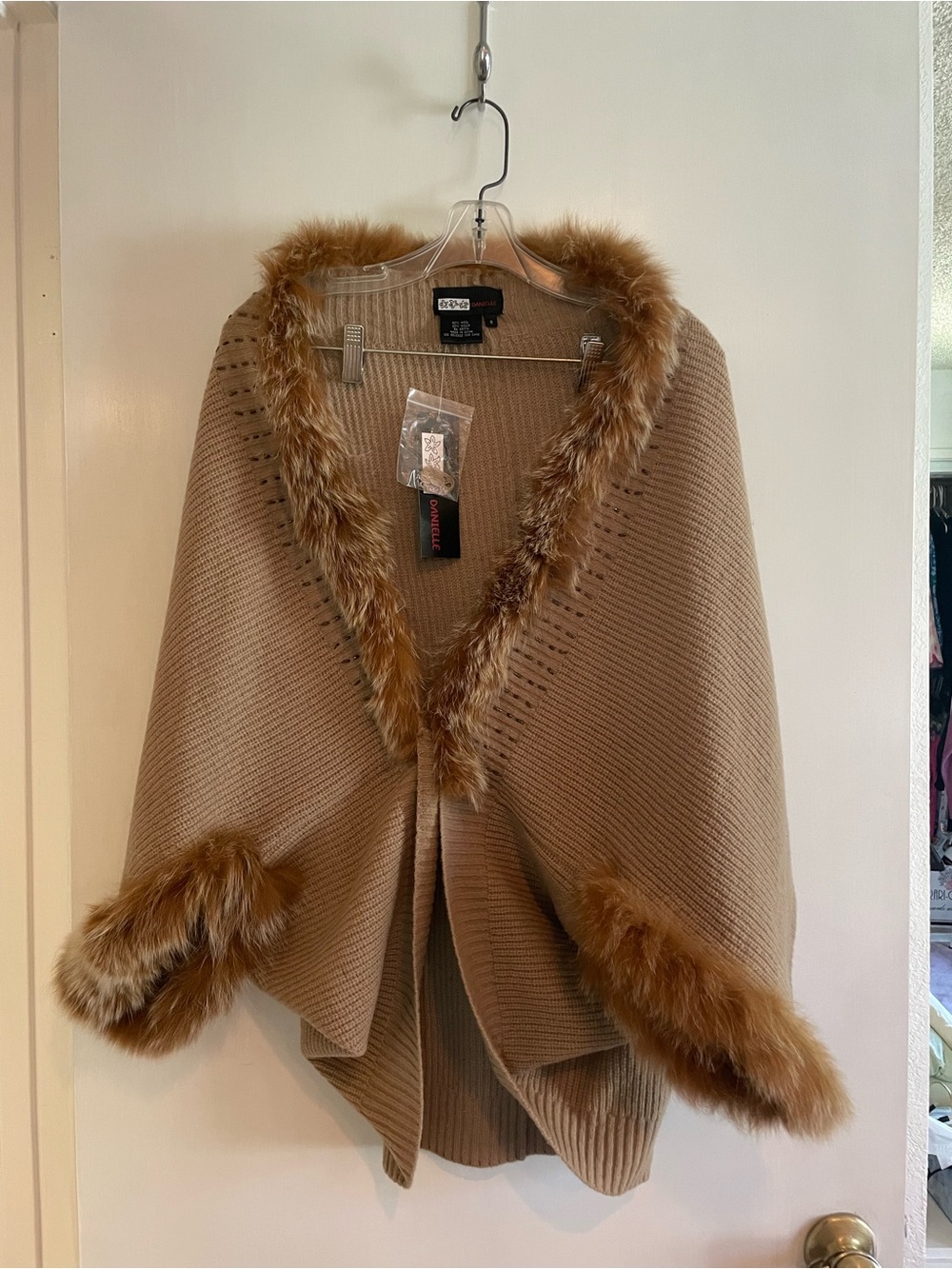 Faux-Fur Trim Knit Poncho - Camel